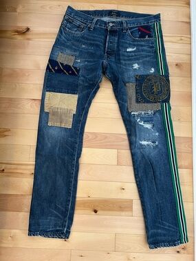 Ralph Lauren Blue Patchwork Slim Straight Jeans with Green Stripe